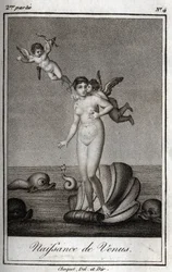 O nascimento de Vénus (Nascimento de Vénus). Gravura de 1819 em "Lettres a Emilie sur la mythologie" de Charles Albert Demoustier (1760-1801). Coleção particular.