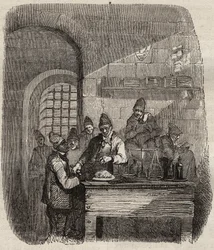 A cantina do Brest Bagne, no século XIX. Gravação em "Histoire des bagnes depuis leur création à nos jours" (1877) de Pierre Zaccone (1817-1895) (Colonia Penale - colônia penal). Coleção particular.