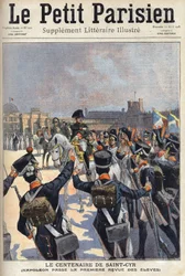O centenário de São Cyr (Saint-Cyr): Napoleão I Bonaparte (1769-1821) passa a primeira revisão dos alunos da escola militar. Um dos jornais "Le petit parisien" em 12/04/1908. Coleção privada.