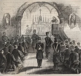 A capela do Toulon Bagne no século XIX. Gravura em "Histoire des bagnes depuis leur création à nos jours" (1877) de Pierre Zaccone (1817-1895) (Colonia Penale - colônia penal). Coleção particular.