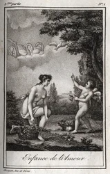 A infância do Amor. Gravura de 1819 em "Lettres a Emilie sur la mythologie" de Charles Albert Demoustier (1760-1801). Coleção particular.