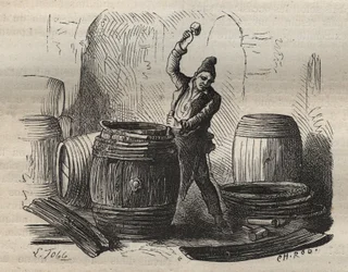 O tanoeiro de Toulon Bagne, no século XIX. Gravura em "Histoire des bagnes depuis leur création à nos jours" (1877) de Pierre Zaccone (1817-1895) (Colonia Penale - colônia penal). Coleção particular.