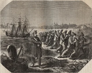A cordela (obra de grande fadiga) na bagne de Rochefort no século XIX. Gravura em "Histoire des bagnes depuis leur création à nos jours" (1877) de Pierre Zaccone (1817-1895) (Colonia Penale - colônia penal)