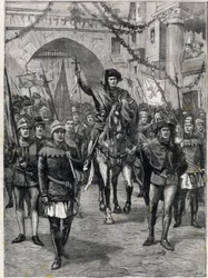 O cortejo das corporações no século XIV: O antepassado dos mercadores de Paris. A gravura. Em "The Little Parisien", em 18/06/1899. Colecção privada.