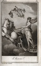 O amanhecer (Apollo guia a carruagem do sol). Alegoria do amanhecer. Gravura de 1819 em "Lettres a Emilie sur la mythologie" de Charles Albert Demoustier (1760-1801). Coleção particular.