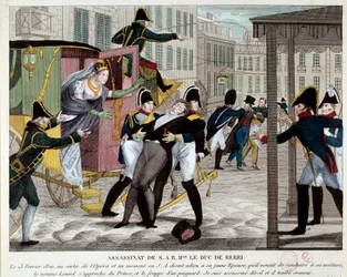 A morte de Charles Ferdinand de Bourbon, duque de Berry (1778-1820), 13/02/1820, à saída da Academia Real de Música. O sobrinho do rei Luís XVIII foi assassinado na Ópera por Louvel, um republicano que queria acabar com a dinastia real. Engravi