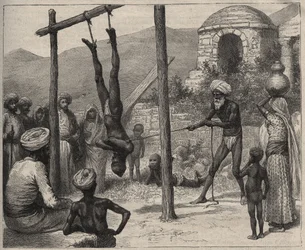O faquir na Índia - O faquir (Faquir) na Índia - foi pendurado pelos pés numa barra de madeira - gravada a partir de 1892 no "Journal des voyages".