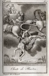 A queda de Phaeton Phaeton (Phaethon), incapaz de controlar o tanque Helios, foi atingida por Zeus, e caiu no rio Eridan. Gravura de 1819 em "Lettres a Emilie sur la mythologie" de Charles Albert Demoustier (1760-1801). Coleção privada.