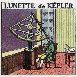 Os primeiros instrumentos ópticos: luneta astronómica de Johannes Kepler (Keppler) (1571-1630) inventada por volta de 1615. Ilustração anônima a partir de 1925. Coleção particular.