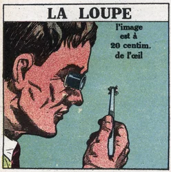 Os primeiros instrumentos ópticos: a lupa. Ilustração anónima de 1925. Colecção privada.