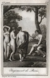 O julgamento de Paris O pastor Paris deve escolher quem vai dar a maçã dourada para desenhar a mais bela das três deusas, Atena, Afrodite ou Hera. Gravura de 1819 em "Lettres a Emilie sur la mythologie" de Charles Albert Demoustier