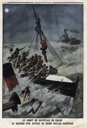O bote salva-vidas de Calais para salvar um barco de pesca inglês a afundando. Gravação no "Le Petite Journal", em 11/02/1912. Colecção privada.