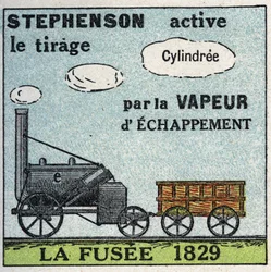 A locomotiva: o foguete inventado por George Stephenson (1781-1848) em 1829. Ilustração anônima de 1925. Coleção privada.