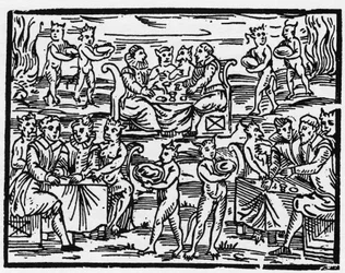 A refeição das bruxas no Sábado - "Compendium Maleficarum", trata das bruxas, do seu mal e das suas faculdades por Francesco Maria Guazzo ou Guaccio ou Guaccius (15?? -16??) 1608 Coleção Privada