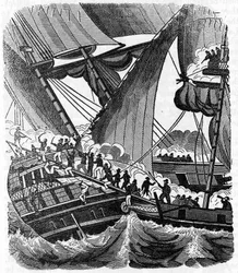 O cavalheiro pirata Jean Lafitte (1780-1826) aproxima-se do navio Queen East da Compagnie des Indes. Gravação do "The pirate own book" de 1837.
