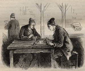 O escritor público no Toulon Bagne, no século XIX. Gravação em "Histoire des bagnes depuis leur création à nos jours" (1877) de Pierre Zaccone (1817-1895) (Colonia Penale - colônia penal). Coleção particular.