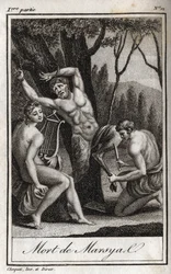 O castigo ou morte de Marsyas (O Castigo de Marsyas) é punido por ter desafiado Apolo à lira e é barrado pelo Arqueiro na presença do Rei Midas e das Musas. Gravação de 1819 em "Lettres a Emilie sur la mythologie" de Carlos