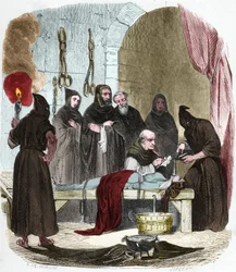 A questão da água: Pedro (Pierre) de Arbues (1441/1442 - 1485) interroga sob tortura uma jovem que alegadamente induziu sua irmã a recorrer ao luteranismo. Amarrada por cordas, a água é despejada num pano que é empurrado para o fundo da garganta.