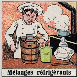 A indústria de refrigeração: misturas de refrigerantes utilizadas para cozinhar. Ilustração anónima a partir de 1925. Coleção privada.