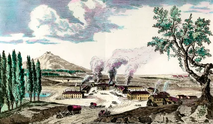 A fundição real no Creusot (Saone e Loire), em 1787, fabricou, entre outras coisas, o armamento do exército francês. Gravura do século XVIII. Coleção privada