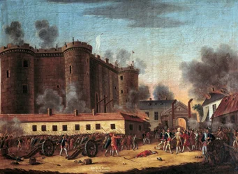 A tomada da Bastilha em 14 de julho de 1789 e a prisão de Monsieur de Launay. Marquês Bernard René Jordan de Launay (1740-1789), governador da Bastilha. Pintura anónima. Dimensões: 0.63 x 0.81m. Paris, Musée Carnavalet