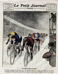 A corrida de seis dias: Piet van Kempen (1898-1985), Alfred Grenda, Seres e Maurice Brocco (1883-1965) durante o sprint. Gravura no Le Petit Journal illustre, em 16/04/1922