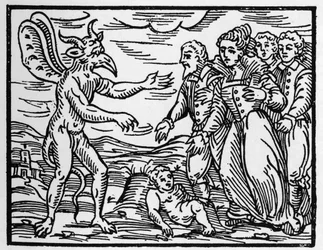 Os feiticeiros que apresentam uma criança ao diabo - "Compendium Maleficarum", trata das bruxas, do seu mal e dos seus institutos por Francesco Maria Guazzo ou Guaccio ou Guaccius (15?? -16??) 1608 Coleção Privada