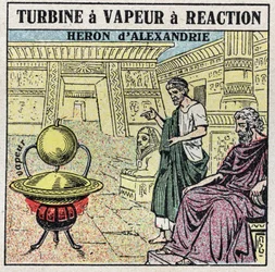 A máquina a vapor: uma turbina a vapor de reacção. Eolipyle inventada pela garça grega de Alexandria (ou Heron The Elder) no século I dC. Ilustração anónima a partir de 1925. Coleção particular.