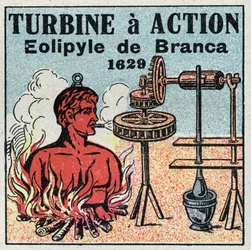 A máquina a vapor: a turbina tem acção. Eolipyle inventada por Giovanni Branca (1571-1645) em 1629. Ilustração anônima de 1925. Coleção particular.