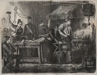 A transferência para o Toulon Bagne no século XIX. Gravação em "Histoire des bagnes depuis leur création à nos jours" (1877) por Pierre Zaccone (1817-1895) (Colonia Penale - colônia penal). Coleção particular.