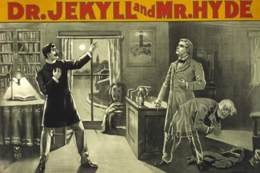 A transformação. "Doutor Jekyll e Mister Hyde", Rory of Terror de Robert Louis Stevenson (1886). Cartaz americano do final do século XIX para um espetáculo teatral. Coleção particular Milão.