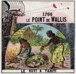 Tempo: o ponto de Samuel Wallis (1728-1795) em 1766 permitindo conhecer a longitude do ponto onde estava localizado em relação à distância entre as estrelas e a lua. Ilustração anónima a partir de 1925. Coleção particular.