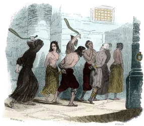 Tortura durante a Inquisição em Espanha no século XVI: O tormento do chicote. Ilustração em «Mistérios da Inquisição e Outras Sociedades Secretas de Espanha», de Victor de Fereal, Suberwick, Manuel Galo de Cuendias. Publicado por P. Boizard