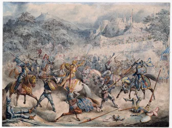 Tournoi (Idade Moyen) - Torneio de cavaleiros montados - Anónimo - 1840 - Litografia a cores - 20,3x30,5 - Colecção Privada