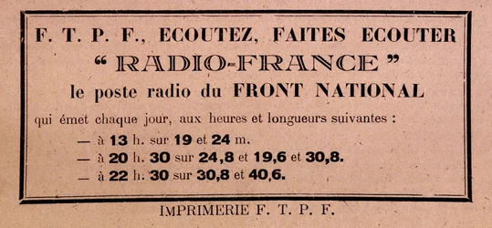 Panfleto das FFI-FTPF que apela a que se ouça a Radio France, «a estação de rádio da Front National»