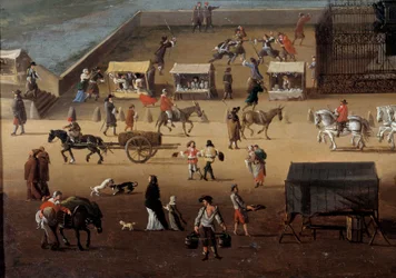 Tráfego na Pont Neuf em Paris no século XVII Detalhe. Pintura anónima. Paris, Musee Carnavalet