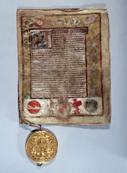 Tratado de Amiens de agosto de 1527, uma aliança entre o rei Henrique VIII e o rei francês Francisco I contra o imperador Carlos V. Paris, Arquivos Nacionais