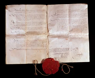 Tratado de Cateau-Cambrésis entre Henrique II (1519-1589) e Filipe II de Espanha em 3/04/1559. A França devolve os seus territórios italianos à Espanha. Este tratado pôs fim às guerras italianas. Paris, Arquivos Nacionais