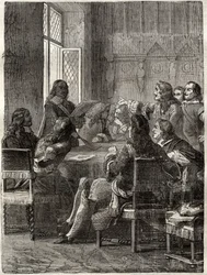 Tratado de Ryswick (O Tratado de Ryswick, 30 de outubro de 1697) (fim da Guerra da Liga de Augsburgo entre Luís XIV e a Grande Aliança). Gravura do século XIX. Coleção particular.
