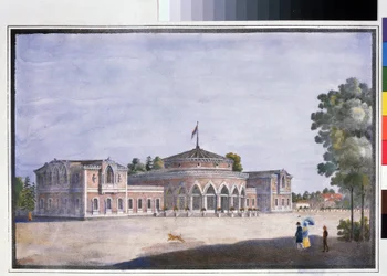 Uma estação ferroviária e um restaurante francês em Catharinhof (estação ferroviária e restaurante francês em Catharinhof). Litografia anônima, colorida em aquarela, 22 x 33 cm