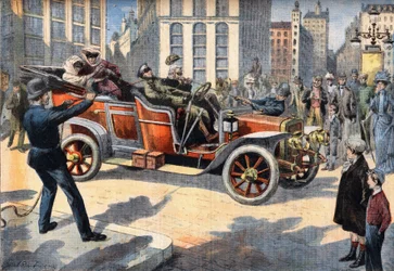 Métodos incomuns da polícia americana para prender condutores que cometem excessos de velocidade enquanto conduzem os seus carros. Gravura do jornal "Le Petro Parisien", em 31/05/1908. Coleção privada.