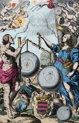 Urania, a Musa da Astronomia representada na frente de Argus, segurando um telescópio. Eles pesam e comparam o sistema de Copérnico (esquerda) e o de Jesuite Giovanni Riccioli inspira-se no de Tycho Brahe (que combina as visões geocêntricas de Ptoleme
