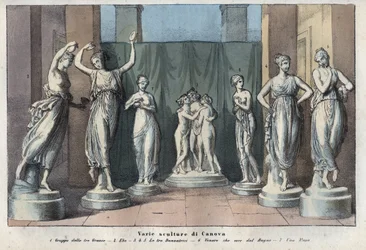 Várias esculturas de Canova - As Três Graças - Hebe - As Três Graças Dançando - Vénus Itálica - Musa - gravura de «Usi e Costumi di Tutti i Popoli dell