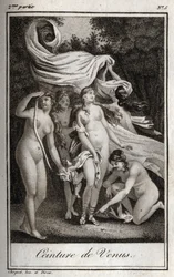 Cinto Venus: Enquanto a batalha continua a beneficiar os troianos, Junon usa o cinto de Vénus para encantar Júpiter, e dormir para o pôr a dormir. Gravura de 1819 em "Lettres a Emilie sur la mythologie" de Charles Albert Demoustier (1760-1801). Coleção par