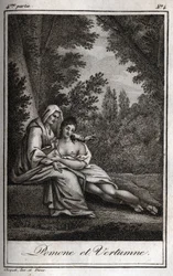 Vertumne e Pomone (Júpiter e Ceres): Vertumne, apaixonada pela ninfa Pomone, disfarça-se de mulher velha para se aproximar dela. Gravura de 1819 em "Lettres a Emilie sur la mythologie" de Charles Albert Demoustier (1760-1801). Coleção particular.