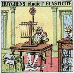 Movimentos vibratórios: Christiaan Huygens (1629-1695) estuda a elasticidade do material através da observação de contas de marfim. Ilustração anônima de 1925. Coleção privada.