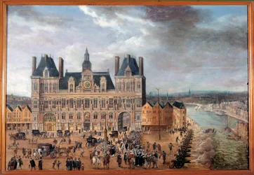Vista da Place de Greve e da Câmara Municipal de Paris durante uma festa pública por volta de 1640 Pintura anónima, óleo sobre madeira