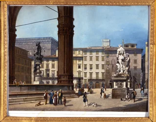 Vista da Loggia dei Lanzi (1576-1582) na Piazza della Signoria em Florença" Pintura anónima do século XIX