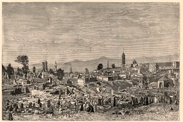Vista da cidade de Erzurum (Erzeroum) na Armênia (agora Turquia). Gravura em "Les Missions Catholiques au XIXeme Siecle" de Louis-Eugene (Louis Eugene) Louvet. coleção particular.