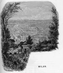 Vista da cidade de Milão (Milão), Itália. Gravura de 1859 em "les galeries de l